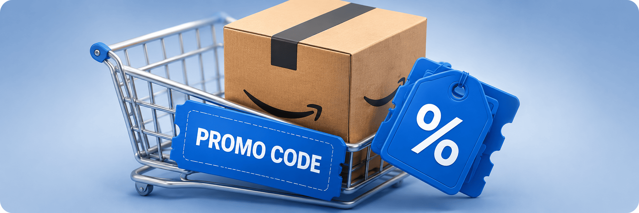Shopping cart with promo code label and discount tag.