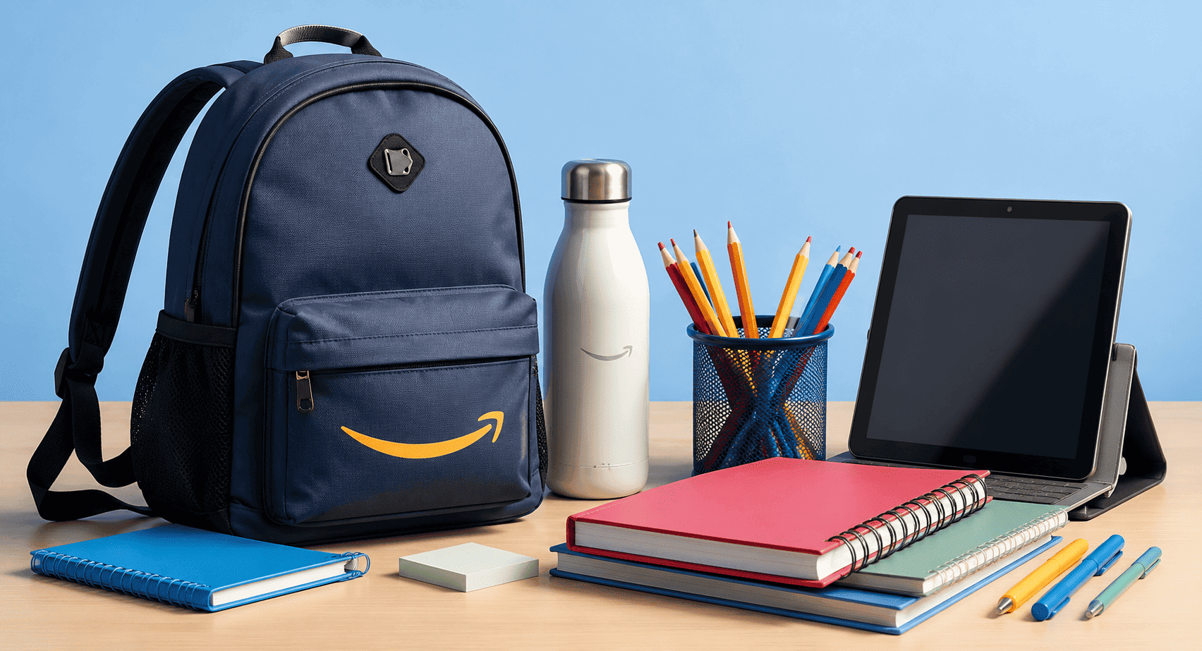 Back-to-school supplies and backpack.