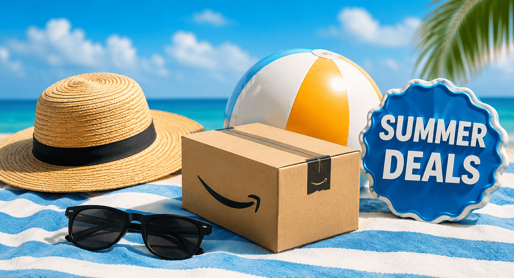 Summer deals illustration with beach accessories.